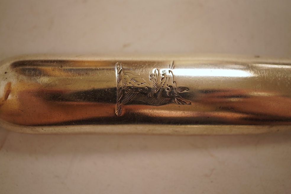 A George III silver meat skewer, with shell terminal and ring handle, Charles Hougham, London, 1780, 26.3cm, together with a George III silver marrow scoop, with engraved crest, Samuel Wintle, London, 1785.